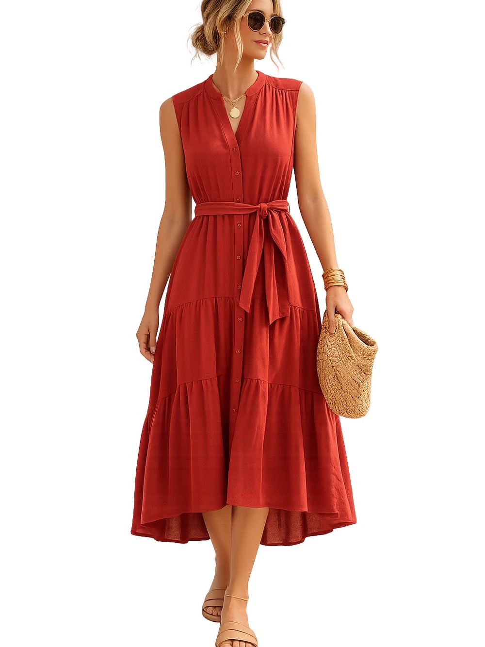 Drew Amber Cotton Midi Dress Medium Button Front Tie Waist Tiered Boho Summer